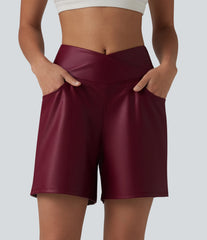 Crossover High Waisted Tummy Control Stretchy PU Casual Shorts with Pockets