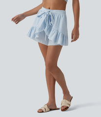 Mid Rise Tie-front Ruffle Gingham Resort Linen-Feel Shorts with Pockets