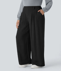 High Waisted Pocket Wide Leg Flowy Casual Linen-Feel Plus Size Pants