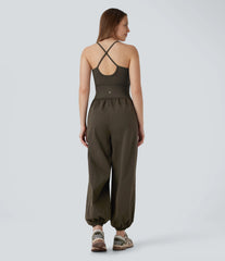 Water Repellent Crisscross Backless Side Pockets Ripstop Hiking Cargo Jumpsuit