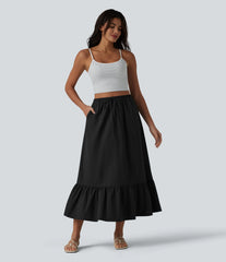 High Waisted Drawstring Ruffle Hem A-line Midi Stretchy Poplin Casual Skirt with Pockets