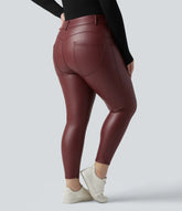 High Waisted Stretchy PU Fleece Casual Plus Size Leggings with Pockets