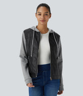 Hooded Drawstring Pocket Zipper Contrast Faux Leather Casual Jacket