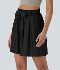 High Waisted Belted Casual Linen-Feel Bermuda Shorts with Pockets