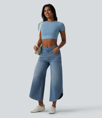 Halara Flex™ Crossover Mid Rise Curved Hem Casual Baggy Jeans with Pockets