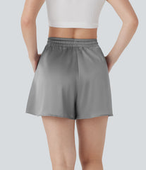 High Waisted Drawstring Pocket Loose Satin Casual Shorts