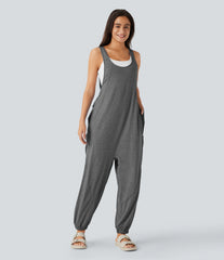 U Neck Drawstring Pockets Casual Jumpsuit