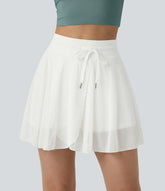 High Waisted Drawstring Contrast Mesh 2-in-1 Pocket Flowy Mini Flare Casual Skirt-Longer Length