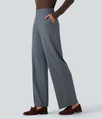 High Waisted Zipper Straight Leg Work Pants with Pockets