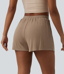 Ribbed Knit High Waisted 2-in-1 Casual Shorts with Pockets