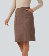 High Waisted A-line Split Corduroy Casual Skirt with Pockets