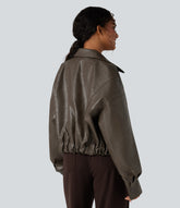 Zipper Long Sleeve Casual Faux Leather Jacket with Pockets
