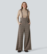 Tie Side Wide Leg Houndstooth Plaid Work Overalls with Pockets