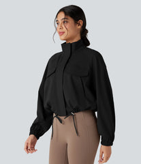 High-neck Long Sleeve Drawstring Hem Workout Jacket with Pockets
