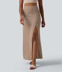 Ribbed Knit High Waisted Tummy Control Stripe Maxi Casual Skirt with Pocket
