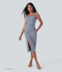 SoftlyZero™ Airy Square Neck Corset Ruched Bodycon Midi InstantCool Dress DD-F Cups