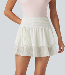 High Waisted Drawstring 2-in-1 Casual Tiered Lace Skirt