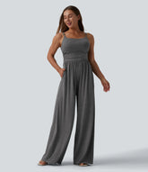 Adjustable Straps Ruched Wide Leg Heathered Casual Jumpsuit with Pockets-Easy Peezy