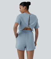 SpacerTek™ Round Neck Short Sleeve Twist Back Drawstring Curved Hem Casual Romper with Pockets-Easy Peezy