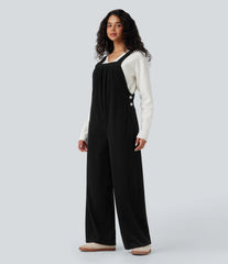 Ribbed Square Neck Casual Overalls with Pockets