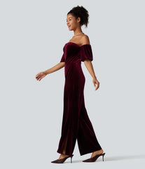 Tube Puff Sleeve Split Velvet Party Jumpsuit-Easy Peezy