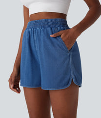 Halara Flex™ High Waisted Curved Hem InstantCool Washed Denim Casual Shorts with Pockets