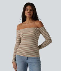 Ribbed Knit Off Shoulder Long Sleeve Built-in Bra Stripe Casual T-Shirt