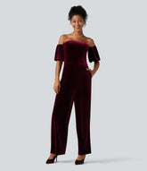 Tube Puff Sleeve Split Velvet Party Jumpsuit-Easy Peezy