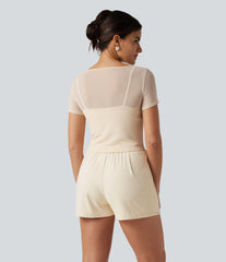 SoftlyZero™ Plush Boat Neck Built-in Bra Contrast Mesh Short Sleeve Party Romper with Pockets-Easy Peezy Edition