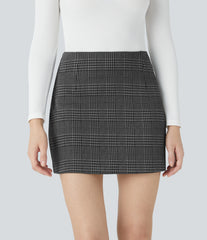 High Waisted 2-in-1 Houndstooth Plaid Mini Work Skirt