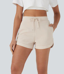 High Waisted Drawstring Contrast Mesh Curved Hem Yoga Shorts with Pockets