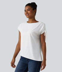 Boat Neck Drawstring Asymmetric Hem Work Chiffon T-Shirt