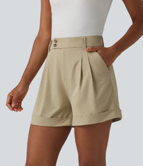 High Waisted Pleated Rolled Hem Stretchy Poplin Work Baggy Shorts with Pockets