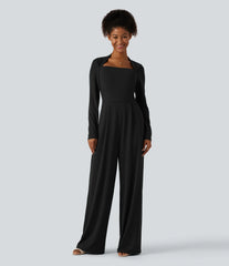 Long Sleeve Built-in Bra Wide Leg Jumpsuit with Pockets-Easy Peezy Edition DD-F Cups