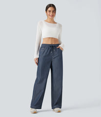 High Waisted Drawstring Wide Leg Denim Like Casual Linen-Feel Pants with Pockets