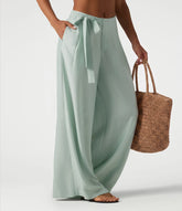 High Waisted Tie Side Baggy Linen-Blend Pants with Pockets