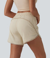 Mid Rise Drawstring Contrast Fringe Curved Hem 2-in-1 Casual Shorts