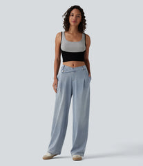 Halara Flex™ Asymmetric Mid Rise Straight Leg Casual Jeans with Pockets
