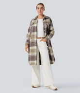 Long Sleeve Plaid Longline Casual Sherpa Jacket with Pockets