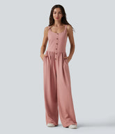 U-Neck Sleeveless Shirred Decorative Buttons Waffle Casual Wide Leg Jumpsuit with Pockets-Easy Peezy