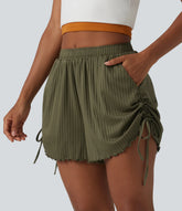 Ribbed Knit Mid Rise Drawstring Lettuce Trim Shorts 4'' with Pockets