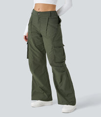 Mid Rise Button Zipper Side Pocket Wide Leg Baggy Casual Cargo Pants