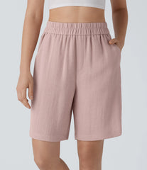 High Waisted Pocket Casual Linen-Feel Bermuda Shorts