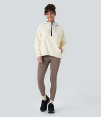 Hooded Drawstring Half Zip Long Sleeve Pocket Color Block Fleece Hiking Jacket