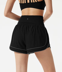 Breezeful™ High-waisted Curved Hem 2-in-1 Reflective Lines Quick Dry Yoga Baggy Shorts with Pockets