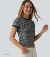 Round Neck Short Sleeve Leopard Print Casual Ringer T-Shirt