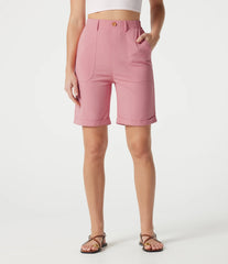 High-waisted Rolled Hem Casual Stretch Linen Bermuda Shorts with Pockets