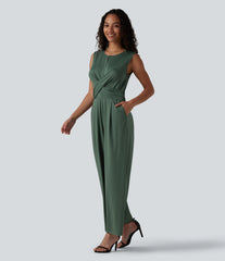 Round Neck Sleeveless Crossover Waist Work Straight-leg Jumpsuit with Pockets-Easy Peezy