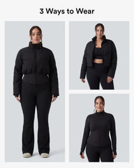 PuffFlex Plus Size 3-in-1 Stand Collar Casual Cropped Puffer Coat & Thumb Holes Curved Hem Jacket with Pockets