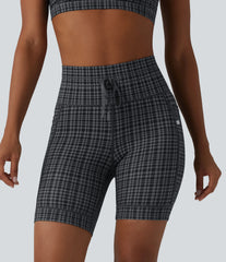 Halara UltraSculpt™ Check Plaid Print High Waisted Drawstring Yoga Biker Shorts 7'' with Pockets